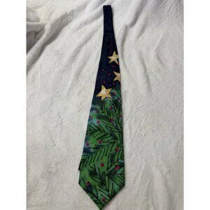Robert Daskal Hand Painted Silk Tie Christmas Stars Evergreen 100% Silk USA